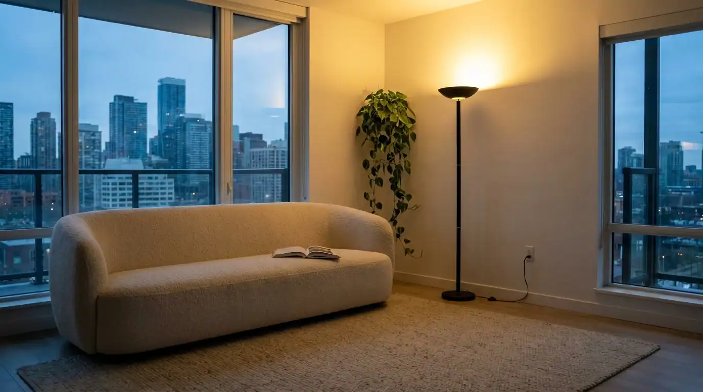 Best floor lamps for living room glowing warm light beside a cozy sofa
