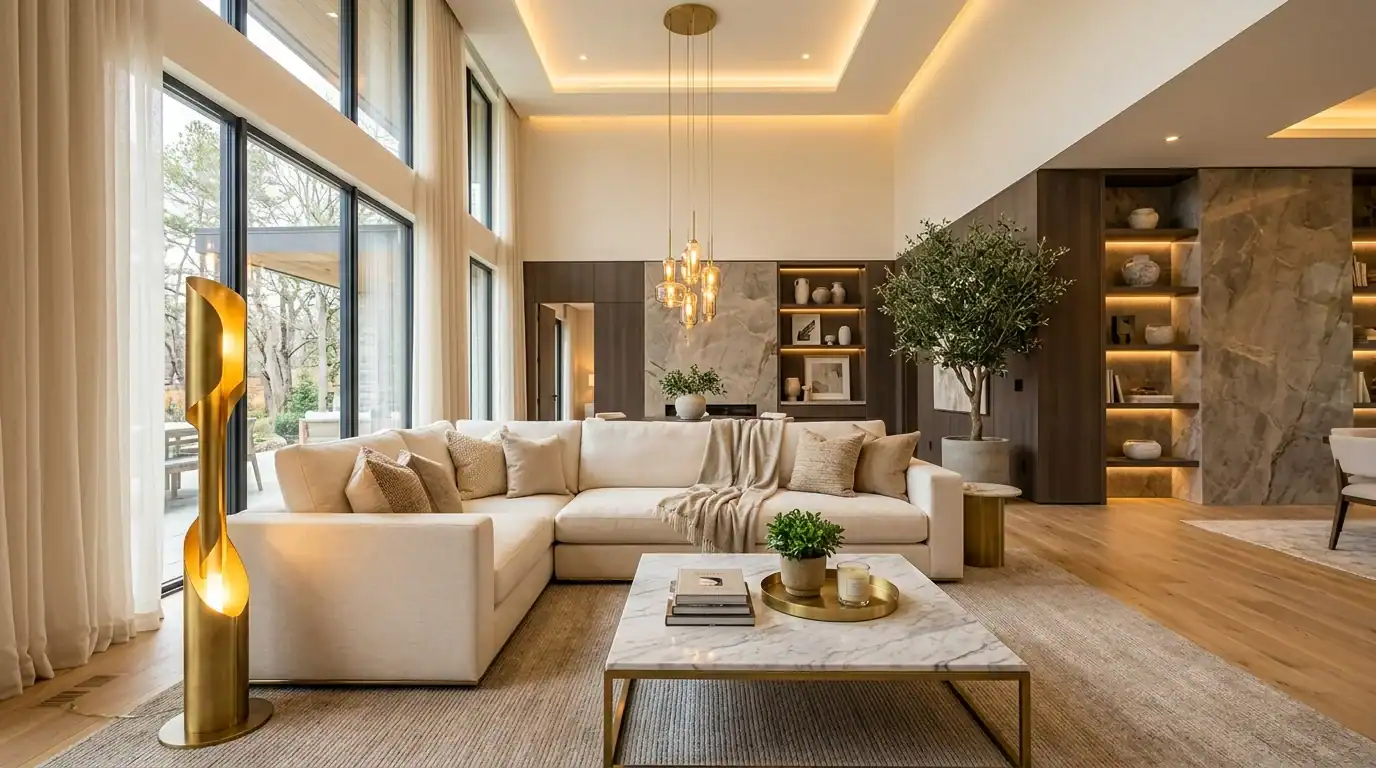 Clean, modern living room styled with new year home decor ideas and a warm plant accent.